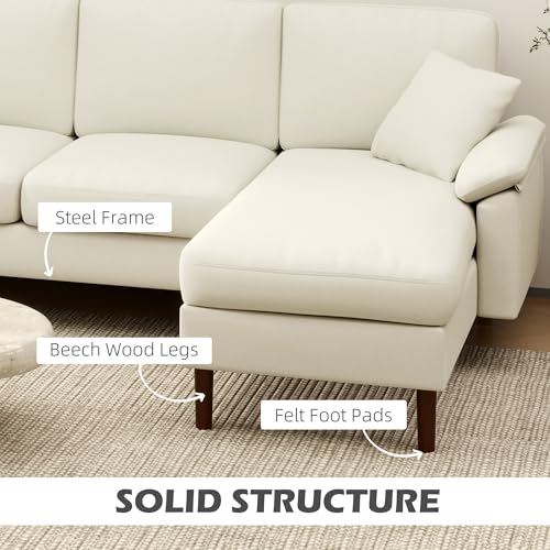 HOMCOM Changeable Sectional Sofa with Chaise Lounge, 111" Modern 4-Seater Couch with Pillows, Wooden Legs, L-Shape Corner Sofa for Living Room, Cream White