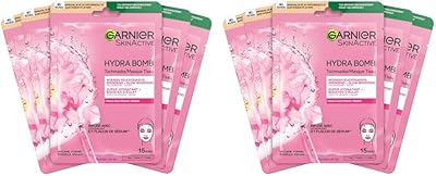 Garnier Tuchmaskenset Sakura fürs Gesicht bei fahler Haut, Feuchtigkeit und Glow, Mit Hyaluronsäure und Sakura, SkinActive, Hydra Bomb Sakura, 5x 28g (Packung mit 2)