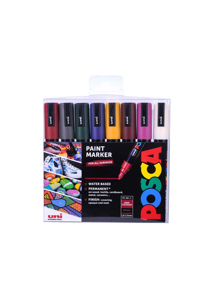 Posca PC-5M Water Based Permanent Marker Paint Pens. Premium Medium Tip for Arts and Crafts. Multi-surface Use On Wood, Metal, Paper, Cardboard, Glass, Fabric, Ceramic & Stone. Set of 8 Deep Colours