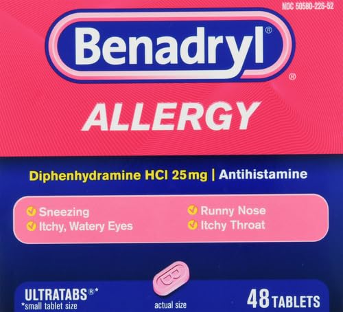 BENADRYL ULTRATABS ALLERGY RELIEF MEDICINE, 25 MG DIPHENHYDRAMINE HCL ANTIHISTAMINE TABLETS FOR RELIEF OF COLD & ALLERGY SYMPTOMS LIKE SNEEZING, RUNNY NOSE, & ITCHY EYES & THROAT, 48 CT