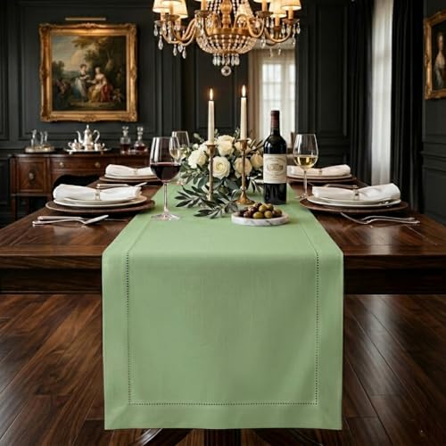 D'Moksha Homes Linen Table Runner - 14 x 108 Inch, 100% Pure Linen Classic Hemstitch, Sage Green, Machine Washable, Farmhouse Style — image 1