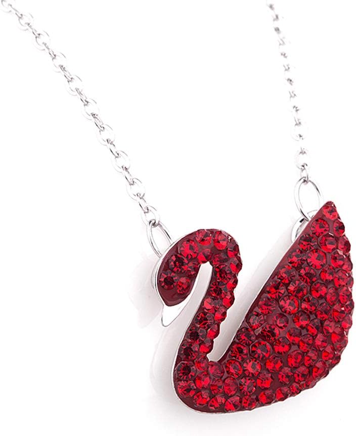 Qijavan 18K Rose Gold Plated Stainless Crystal Accent Steel Swan Pendant Necklace with Jewelry Box,Swan Necklace for Women (Red)