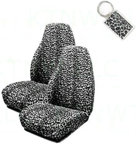 A Set of 2 Universal Fit Animal Print High Back Bucket Seat Covers and 1 Key Fob - Cheetah White
