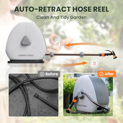 Giraffe Tools Retractable Hose Reel with 30M, Heavy Duty Ground Mount Garden Hose Reel, with 7-Function Sprayer Nozzle & Flexible Swivel Base