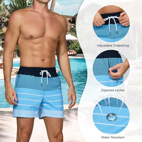 Bañador Hombre Secado Rapido Respirable Traje de Baño Estampado Ligero Boxer Calzones Bano para Natacion Playa Surf de Bolsillo con Cremallera Rayas Azules y Blancas L