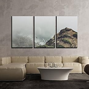 3 Piece Canvas Wall Art - Eagle Flying Over Mountain in Foggy Day - Modern Home Art Stretched and Framed Ready to Hang - 16"x24"x3 Panels
