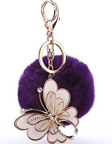 Swrose Pom Pom Keychain Rhinestone Decor Butterfly Fluffy Faux Fur Ball Key Ring (Purple)