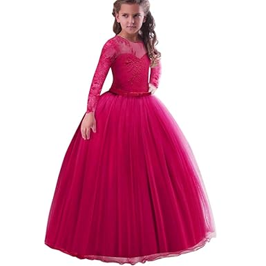 IZHH Mädchen Prinzessin Spitze Kleider, Elegante Brautjungfer Pageant Langarm Bogen Tutu Tüll Kleid Party Brautkleid Karneval