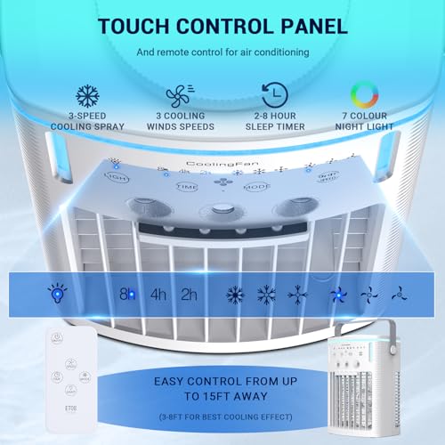 Portable Air Conditioners, New 4-in-1 Ultra-Quiet Portable AC Unit, 1000ML Water Tank Evaporative Air Cooler with 3-Cool Mist & 3-Speeds, Remote Control, 7 Color Light, 8H Timer for Bedroom,Office,Car