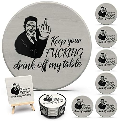 Funny Table Coasters for Drinks Absorbent and Bathroom Vanity Sign Set, 9 Piece w/ Metal Holder, Home Decor, Birthday, Secret Santa, White Elephant Decor, Home Office and Bathroom Decor, Unique