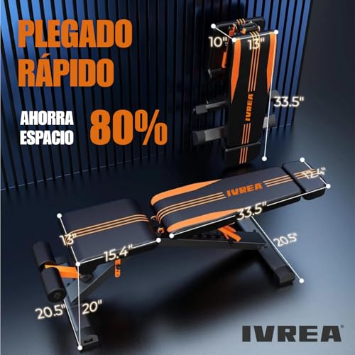 IVREA Banco de Pesas Ajustable y Plegable de Alta Resistencia – Banco Multifuncional Ajustable con Base Extra Ancha, Capacidad de 400 kg - Negro/Naranja