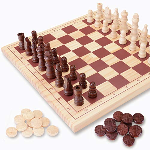 Wooka Wooden Chess Set Checkers/Draughts Board Game, 2 in 1, Hand Crafted 11.6" x 11.6" Travel Size