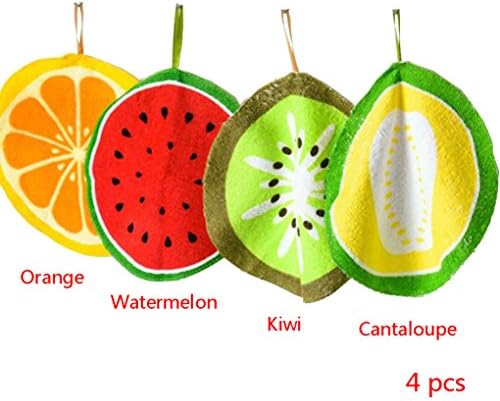 Cren 4pcs Round Fruit Shape Pattern Hanging Kitchen Hand Towels Dish Cloth Wiping Napkins with Loop