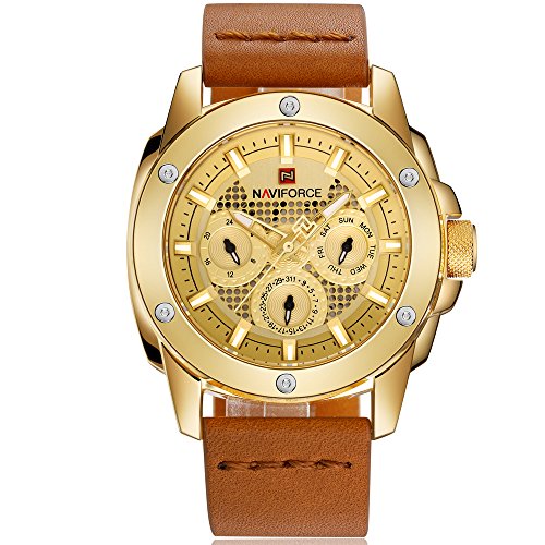 Naviforce mens gold watch brown leather band with date …
