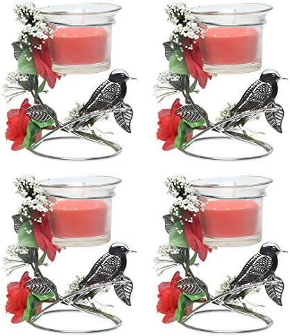 Sacred Salts Votive Candle Holder | Bird Floral Design | Decorative Gift Box Packaging - Red Candle Stand - Set of 4