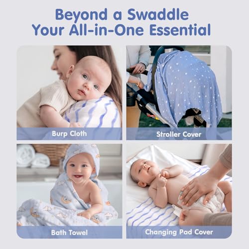 hahaland 100% Natural Bamboo Muslin Baby Blanket Set with 1 Piece 120 x 120 cm and 2 Pieces 100 x 95 cm – Soft and Absorbent Swaddle for Babies