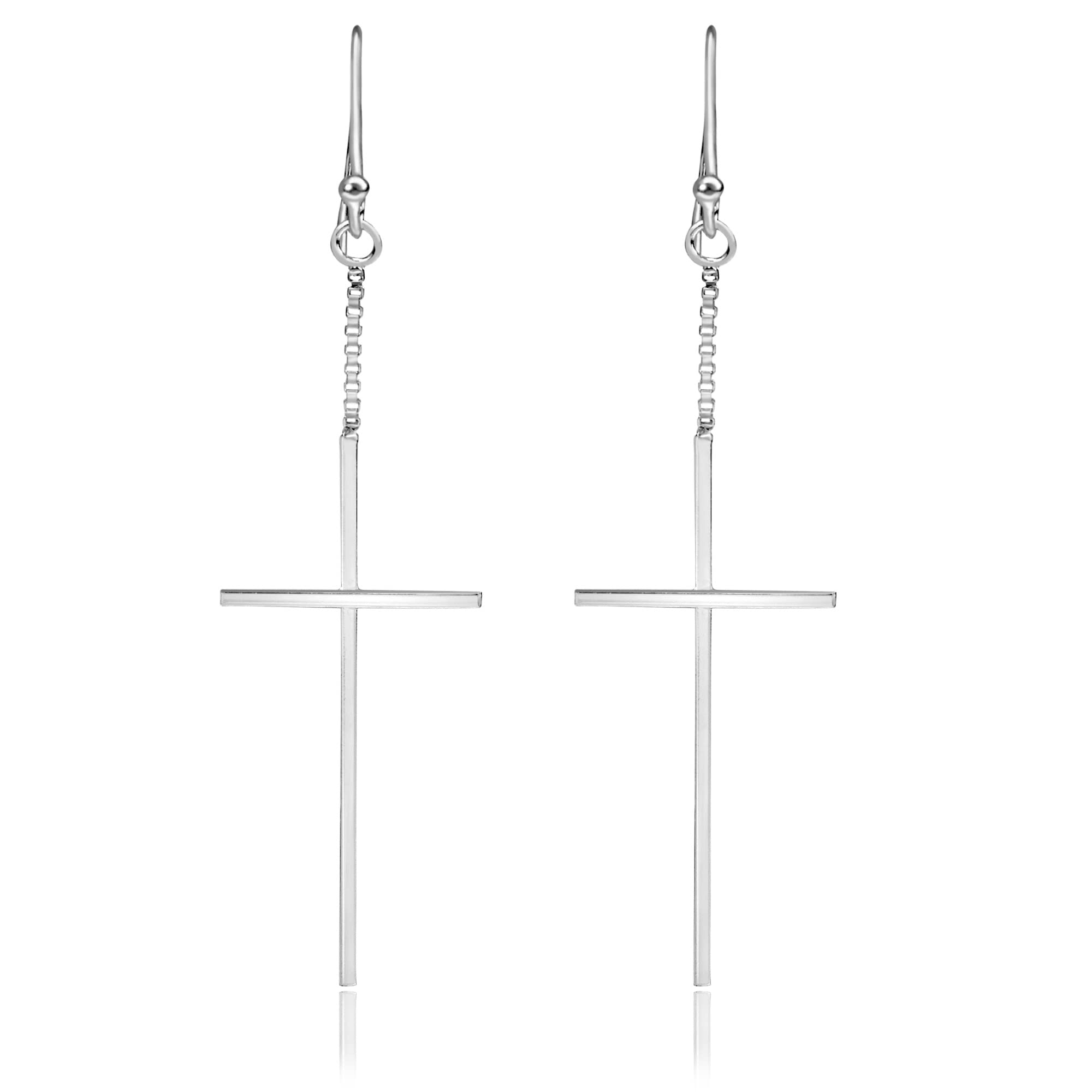 AeraVida Classic Skinny Christian Cross Lightweight .925 Sterling Silver Dangle Earrings, 17x36mm