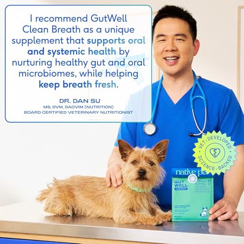 Native Pet GutWell Clean Breath - Dog Breath Freshener & Dog Teeth Cleaning Powder Cold-Pressed to Reduce Plaque, Tartar & Promote Oral Health with Triple-Biotic Blend, Brown Algae & Zinc - 60 Scoops