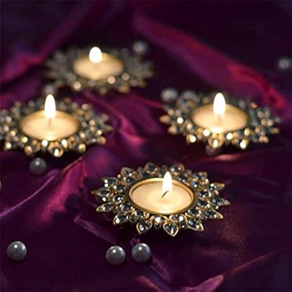 Homesake Crystal Diya with Tea Light Gold Plated Candle Holder for Home Decoration Moroccan Multicolor Mosaic Glass, for Home Room Bedroom Lights Decoration | Made In India Products - Pack of 4