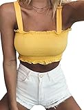 KAMISSY Women's Frill Smocked Cop Tank Top Tie Shoulder Strap Vest,Yellow, Small