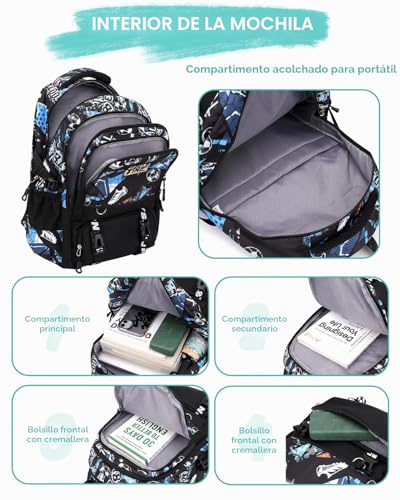 Tanou Teenage Boy Backpack, Football School Backpacks for Kids | 12+ years, Large Backpack for College and High School in Nylon, Black/Green