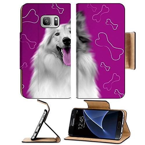 MSD Premium Samsung Galaxy S7 Flip Pu Leather Wallet Case Purple background with black white dog with purple tongue and bones in background 35091939