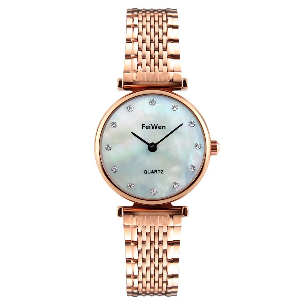 FeiWen Fashion Luxurious Women's Analog Quartz Stainless Steel Watches Simple Design Ultra Thin Dial Crystal Scale Classic Casual Business Dress Wristwatches (Gold 2)