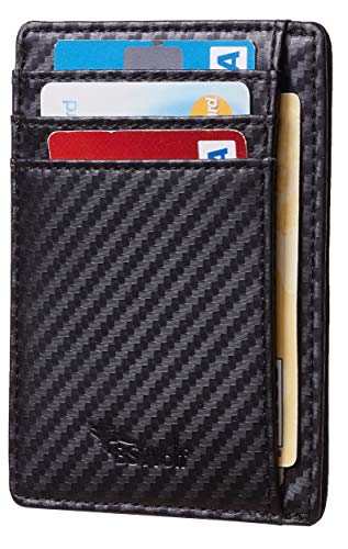 BSWolf RFID Blocking Minimalist Credit Card Holder Slim Front Pocket Genuine Leather Wallets for Men & Women (Carbon Fiber Black)
