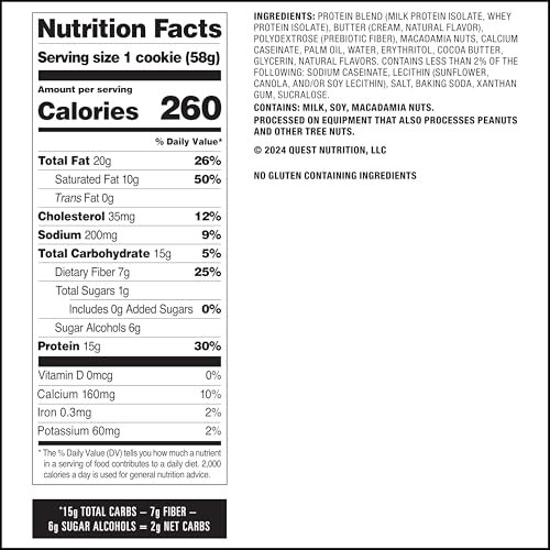 Quest Nutrition White Chocolate Macadamia Protein Cookie, 15g Protein, 1g Sugar, 2g Net Carbs, Keto Friendly, High Protein, Low Carb; 12 Count