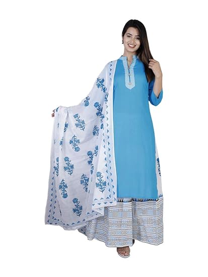 Ranak Rayon Solid Kurti with Cotton Printed Sharara and Dupatta