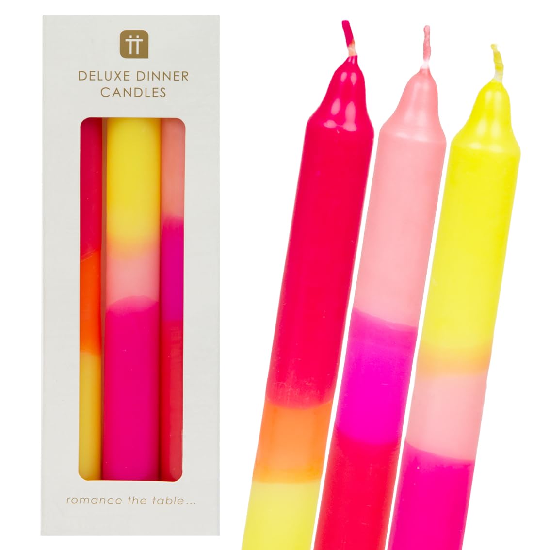 Ombre Tapered Dinner Candles Unscented Neon Pink Orange and Yellow | by Talking Tables | 3pack, 20 cm, Marble Sherbut