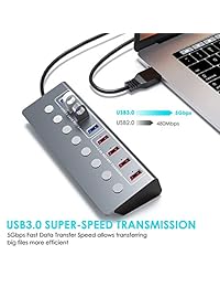 Hub USB 3.0 alimentado, Hub Extensible USB de 8 puertos de aluminio con adaptador de alimentación de 12 V 4 A, divisor de puerto USB 3.0 con interruptor individual