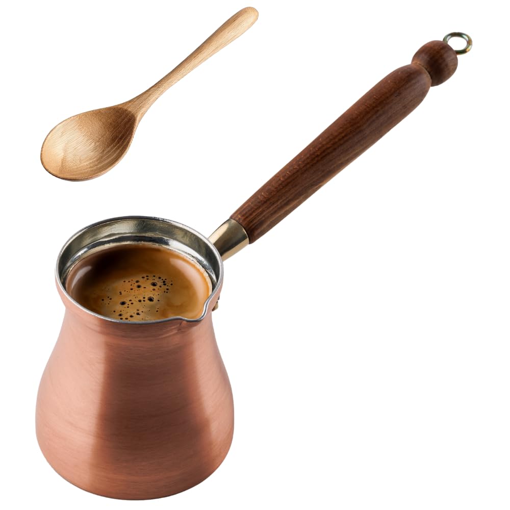 DEMMEX - Solid Brushed Copper Turkish Coffee Pot Cezve Ibrik Briki, Stovetop Greek Arabic Coffee Maker, Wooden Handle & Tin Lining, 100% Handcrafted (Copper, 240ml/2-3ppl)