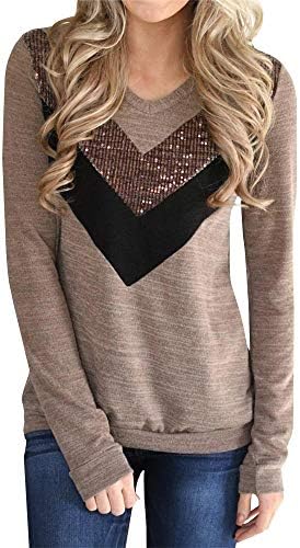 Womens Sequin Striped Tunic Tops Chevron Long Sleeve V Neck T Shirt Blouse