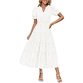 ZESICA Womens 2026 Summer Puff Short Sleeve Midi Dress Floral V Neck Textured Ruffle Flowy Beach Party Dresses