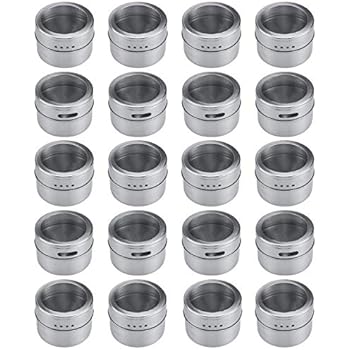 Bekith 20 Pack Stainless Steel Magnetic Spice Tins，Multi-Purpose Storage Spice Containers, Clear Top Lid with Sift or Pour, Magnetic on Refrigerator and Grill