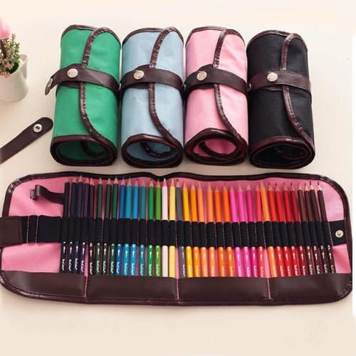 Colored Pencils Case,Canvas Pen Bag Storage 48 Holes Colored Wrap Pencils Case, Travel Pencil Holder Roll up Case Pouch for Pencil (Pink)