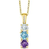 Gem Stone King Customized and Personalized Diamond and 3 Gemstone Birthstone Mother Necklaces In 18K Yellow Gold Plated Sterling Silver | 3-Stone Pendant Necklace For Women | Round 5MM