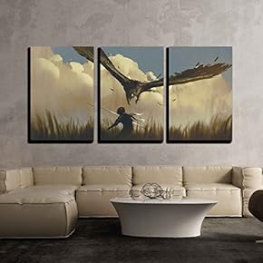 3 Piece Canvas Wall Art - The Big Eagle Attack The Warrior from Above in a Field,Illustration Painting - Modern Home Art Stretched and Framed Ready to Hang - 16"x24"x3 Panels