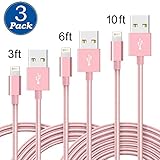 (3 Pack) Lightning cable, 3FT 6FT 10FT Durable Nylon Braided Universal Lightning to USB Sync and Charging Cable Wire for iPhone 7, iPhone 6,6s,6 Plus,6s Plus,iPhone 5 5s 5c,SE,iPad Air,iPod (Rose)