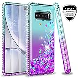 Galaxy S10 Plus Case, Galaxy S10+ Case (Not Fit S10) with 3D PET Screen Protector [2 Pack] for Girls Women, LeYi Glitter Diamond Liquid Quicksand Clear Phone Case for Samsung S10 Plus ZX Teal/Purple