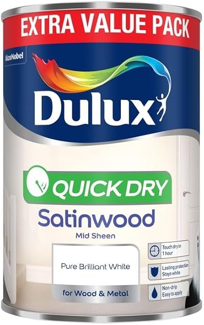 Dulux Quick Dry Satinwood Pure Brilliant White 1.25L Interior Wood Metal