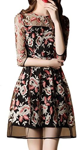 Women's A Line Elegant 3/4 Sleeves Mesh Floral Embroidered Dress