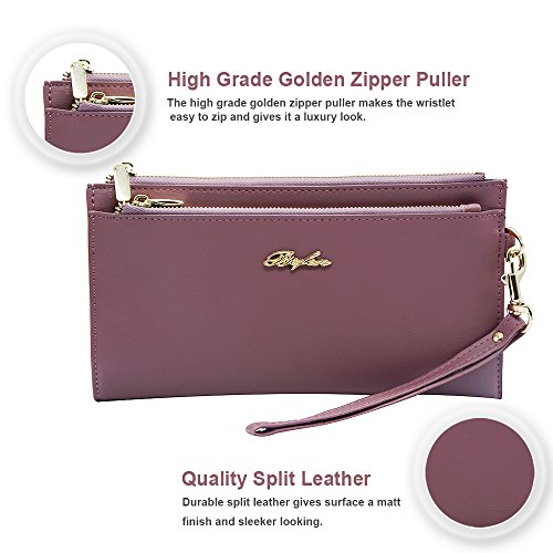 Befen Women's Soft Leather RFID Blocking Wristlet Cellphone Clutch Wallet, Smartphone Wristlet Wallet - Pale Pinkish Purple