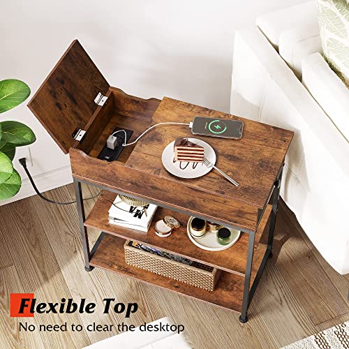 WLIVE Flip Top Side Table with Charging Station, Narrow End Table with