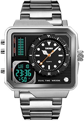 Bounabay Men's Big Dial Dual Time Quartz Digital Electronic Square Watch Stainless Steel Strap Watches