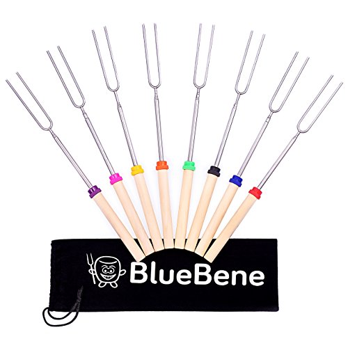 Marshmallow Roasting Sticks by BlueBene - 8 Extending Skewers for Hot Dog and Marshmallows - 32 inch Safe Forks Best for Camping with Bonus 10 Bamboo