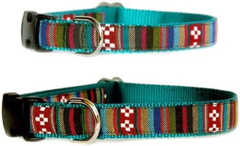 Southwestern topaz stripe dog collar : Tribal, Navajo, Native American, Mexican inspired jaqcuard fabric on durable nylon designer unique pet collar. Small dog collar to large dog collar in size XS, S, M, L or XL. Hand made in the U.S.A.
