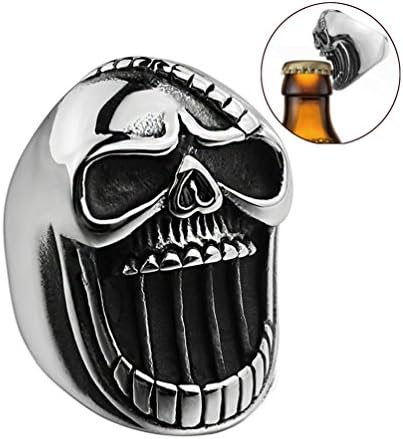 EZSONA Men's Stainless Steel Punk Vintage Skull Rings Scar jaw Beer Bottle Opener Ring Size 9