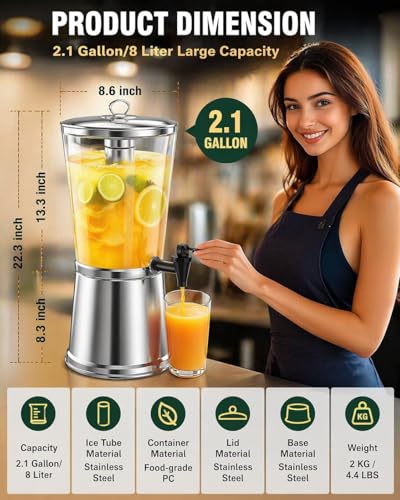 WantJoin Beverage Dispenser with Stand, 2 Gallon Drink Dispenser with Ice Core, Stainless Steel Juice Dispenser with Spigot, Clear PC Beverage Jar for Parties, Buffet, Lemonade, Juice (8 L)
